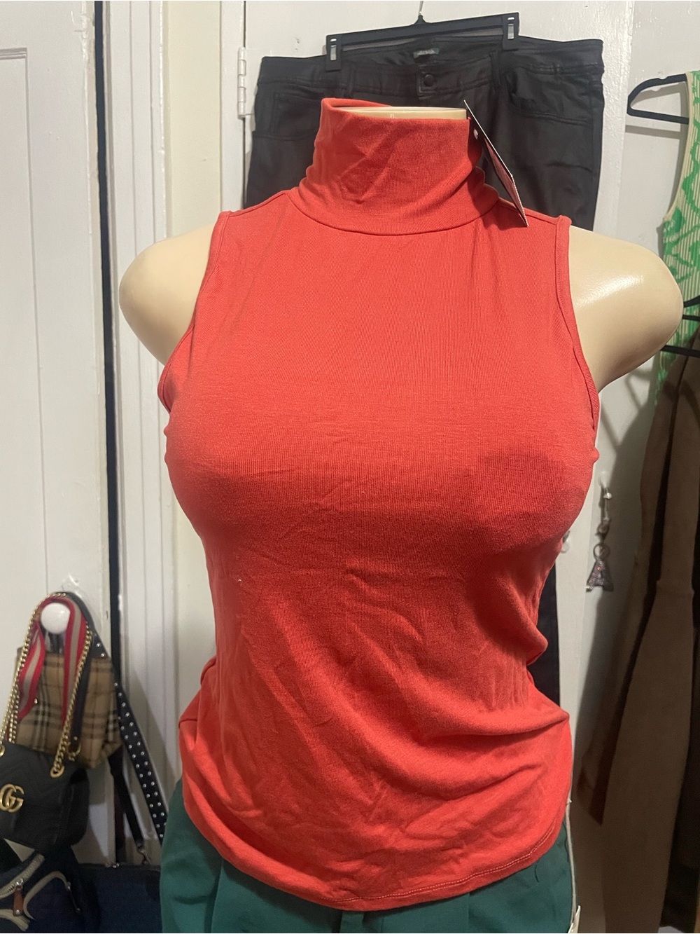 Sleeveless Mock Neck Tank Top - Coral Red